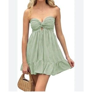 Green White Gingham Strapless Babydoll Mini Dress Size M Twist Front Cottagecore
